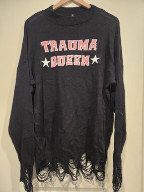Dolls Kill Black "TRAUMA QUEEN" Distressed Knit Oversized Sweater NWOT RARE